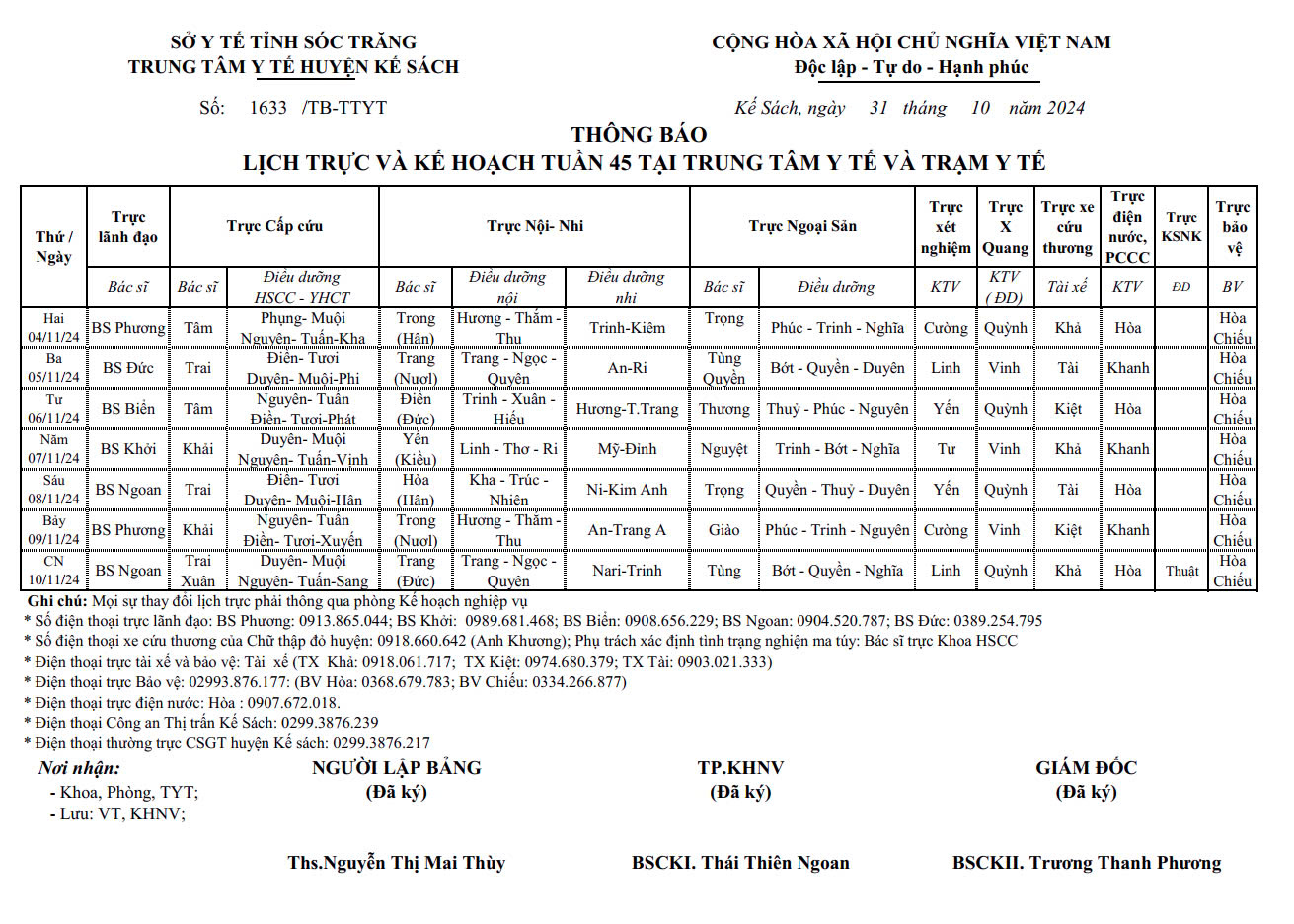 THÔNG BÁO LỊCH TRỰC VÀ KẾ HOẠCH TUẦN 45 (04/11/2024 - 10/11/2024)