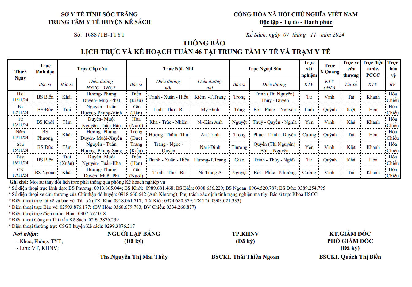 THÔNG BÁO LỊCH TRỰC VÀ KẾ HOẠCH TUẦN 46 (11/11/2024 - 17/11/2024)