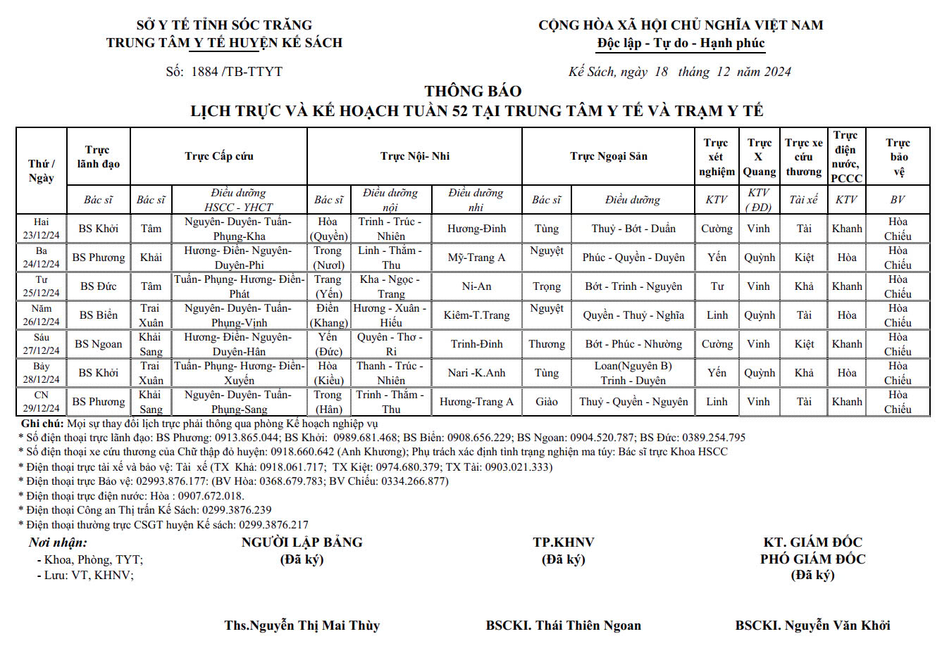 THÔNG BÁO LỊCH TRỰC VÀ KẾ HOẠCH TUẦN 52 (23/12/2024 - 29/12/2024)