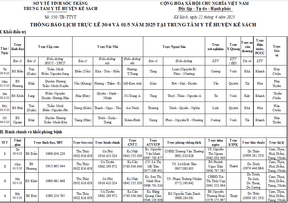 LỊCH TRỰC LỄ 30/4 VÀ 01/5 NĂM 2025