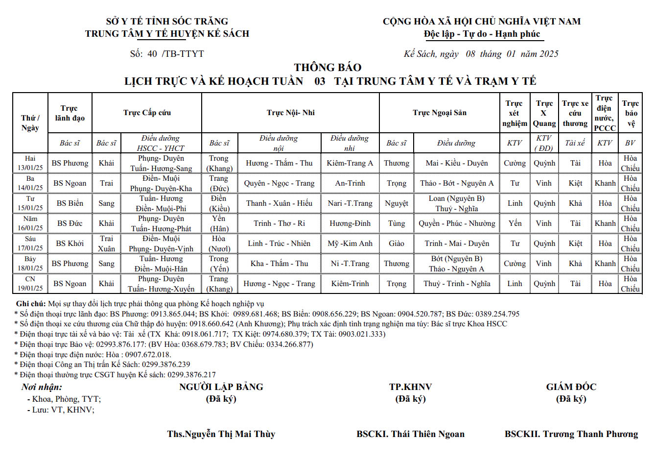 THÔNG BÁO LỊCH TRỰC VÀ KẾ HOẠCH TUẦN 03 (13/01/2025 - 19/01/2025)