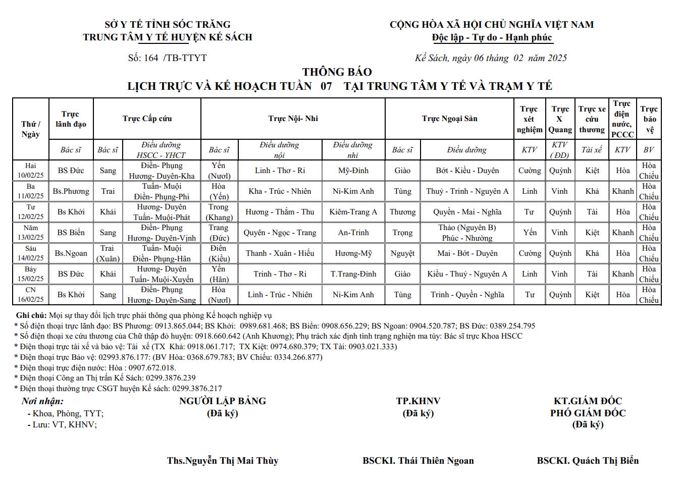 THÔNG BÁO LỊCH TRỰC VÀ KẾ HOẠCH TUẦN 07 (10/02/2025 - 16/02/2025)
